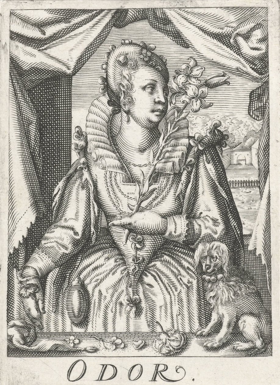 Odorat, une femme avec une branche de fleurs - Hendrick Hondius (rejected attribution)