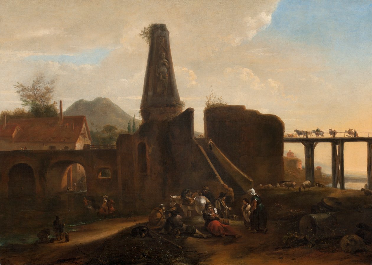 Voyageurs au repos à côté de ruines classiques - Hendrick Verschuring