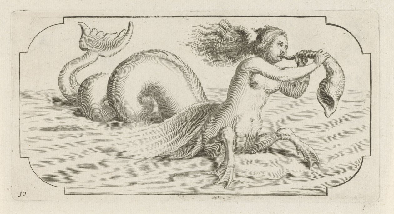 Figure féminine soufflant dans une coquille (Nouveau Livre des Dieux et Déesses De la Marine Bouckje van Zeegoden en Godinnen) - Hendrick de Keyser (I)