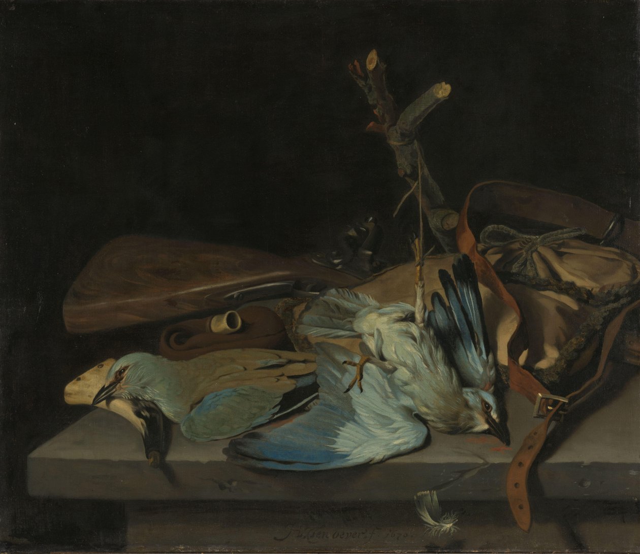 Nature morte avec accessoires de chasse et oiseaux - Hendrick ten Oever