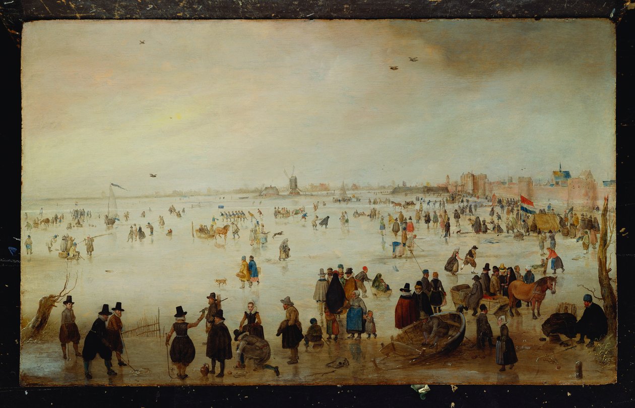 Patineurs, golfeurs, dames et messieurs élégants sur des eaux inondées gelées près de la Broederpoort à Kampen - Hendrik Avercamp