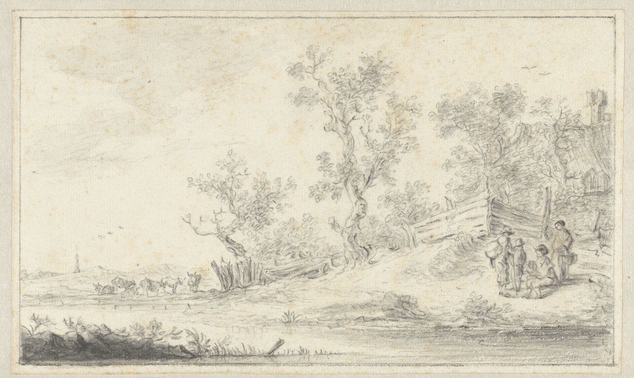 Landschap met een groep van vier personen, links vee - Hendrik Chalon