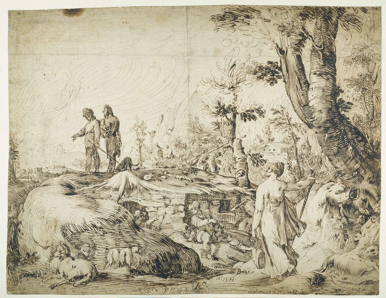 Paysage avec paysans près d