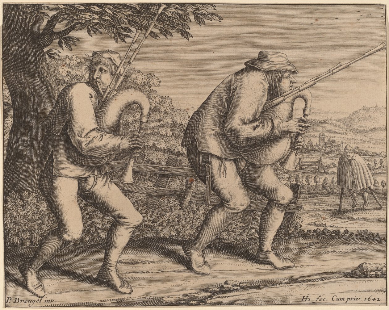 Deux joueurs de cornemuse - Hendrik Hondius I after Pieter Bruegel the Elder