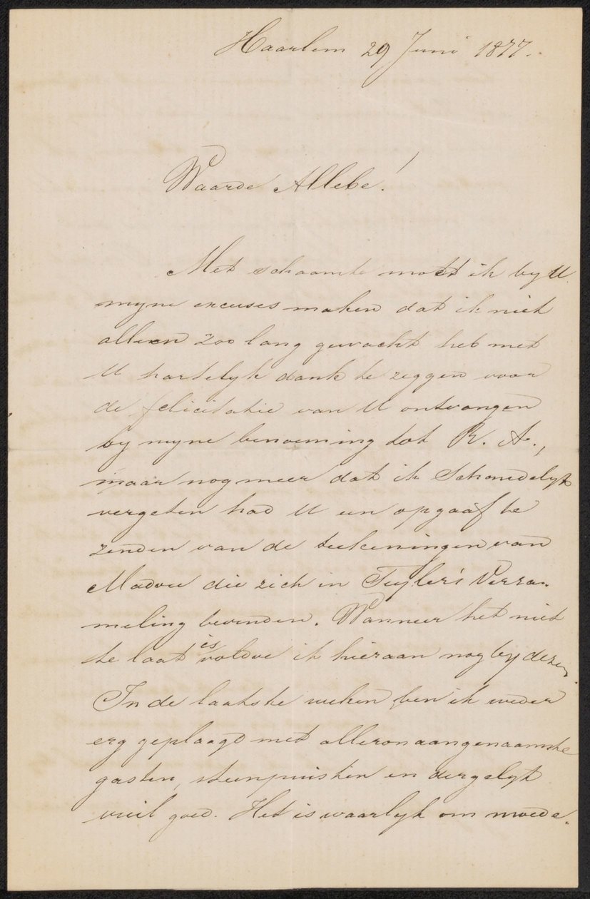 Lettre à August Allebé - Hendrik Jacobus Scholten