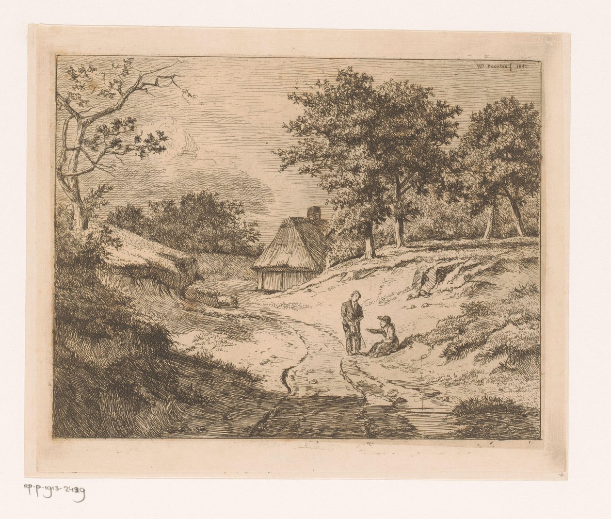 Paysage avec une personne indiquant le chemin à une autre - Hendrik Jozef Franciscus van der Poorten