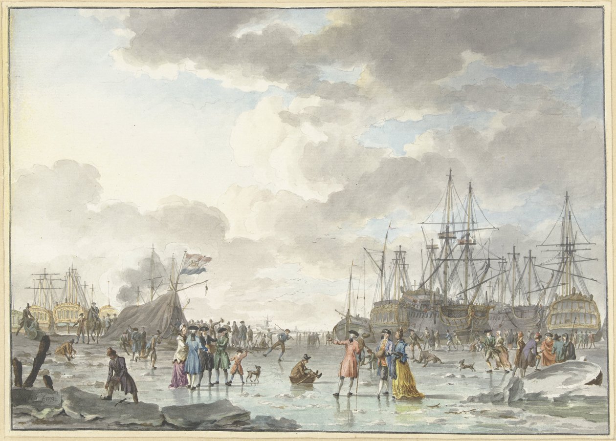 Fête de la glace sur une rivière gelée avec des navires - Hendrik Kobell