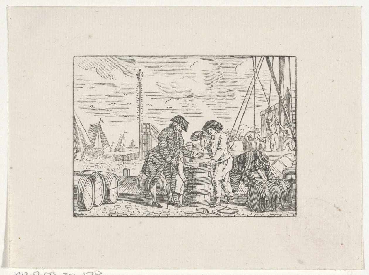 Hommes travaillant sur un quai avec des barils de poisson - Hendrik Numan