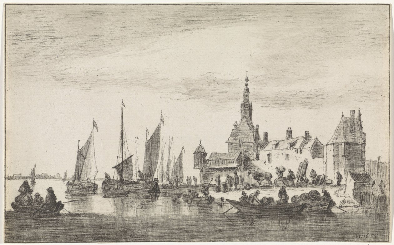 Vue de rivière avec commerçants sur une rive près des maisons - Hendrik Spilman