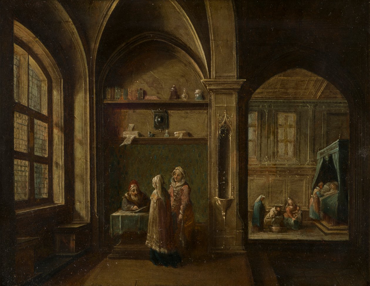 Un intérieur de la Renaissance avec des figures : La naissance de Saint Jean - Hendrik the Younger Steenwyck