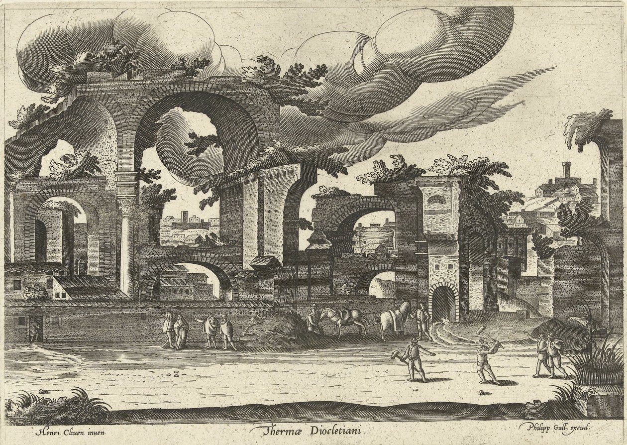 Ruines des Thermes de Dioclétien avec deux hommes jouant au croquet au premier plan, 1585 - Hendrik van Cleve III