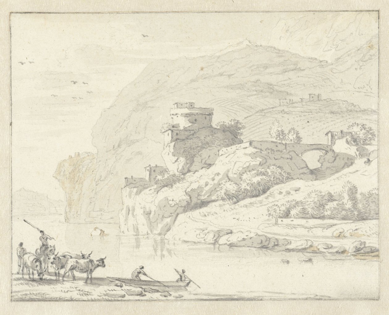Paysage montagneux italianisant avec bergers et bétail, et deux personnages dans un bateau traversant la rivière - Hendrik van der Straaten (attributed to)