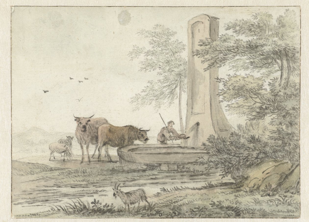 Paysage italianisant avec berger et son bétail et moutons à une fontaine - Hendrik van der Straaten