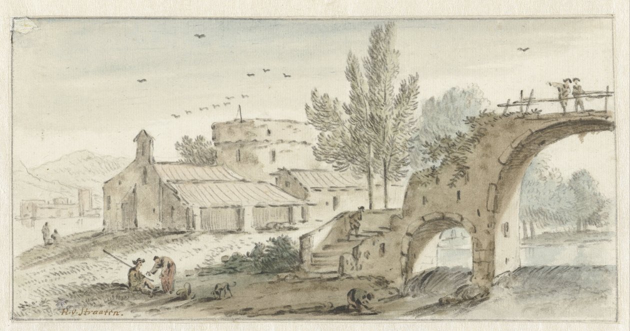 Paysage italianisant avec un pont en pierre - Hendrik van der Straaten