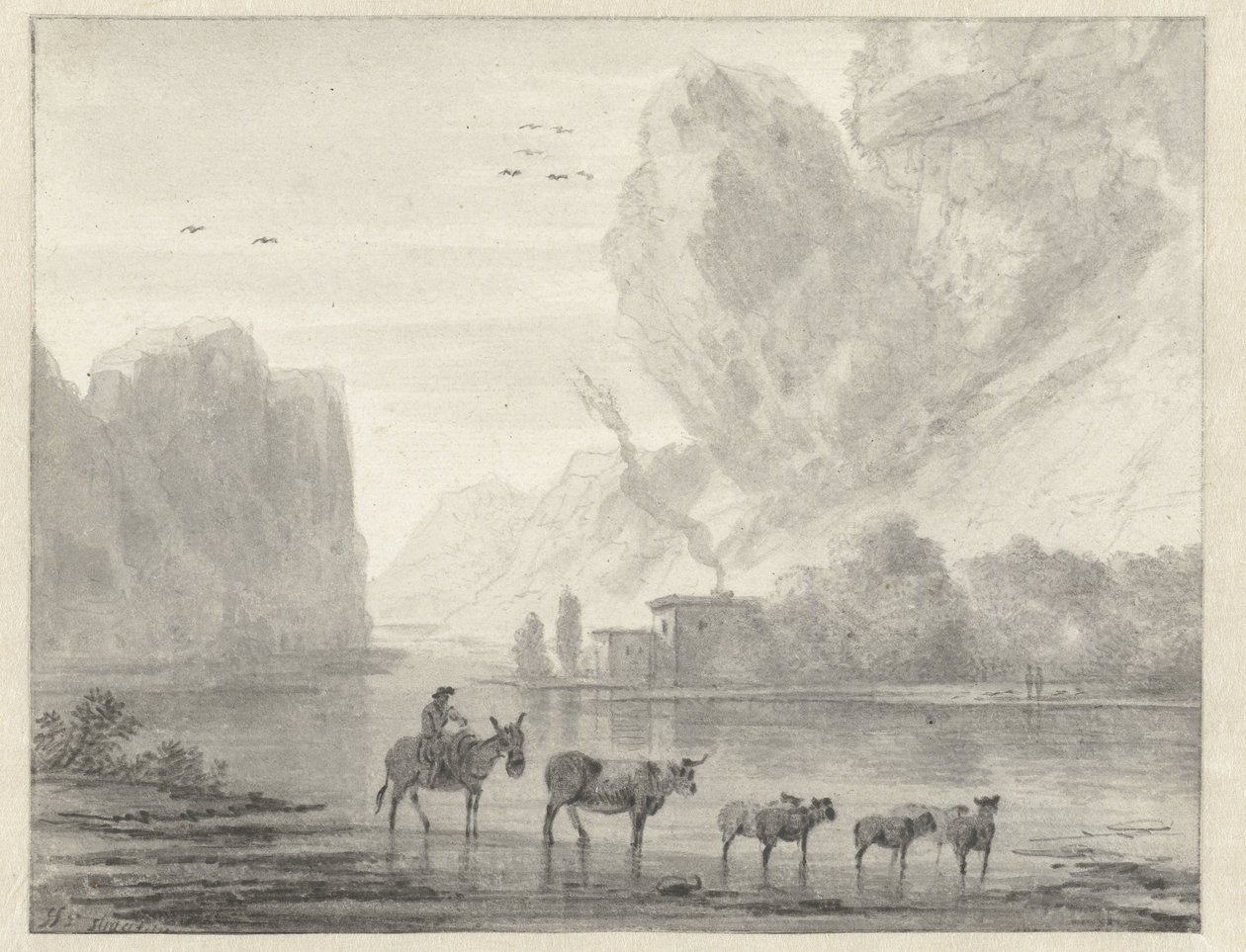 Paysage fluvial rocheux avec un berger et son bétail et ses moutons - Hendrik van der Straaten
