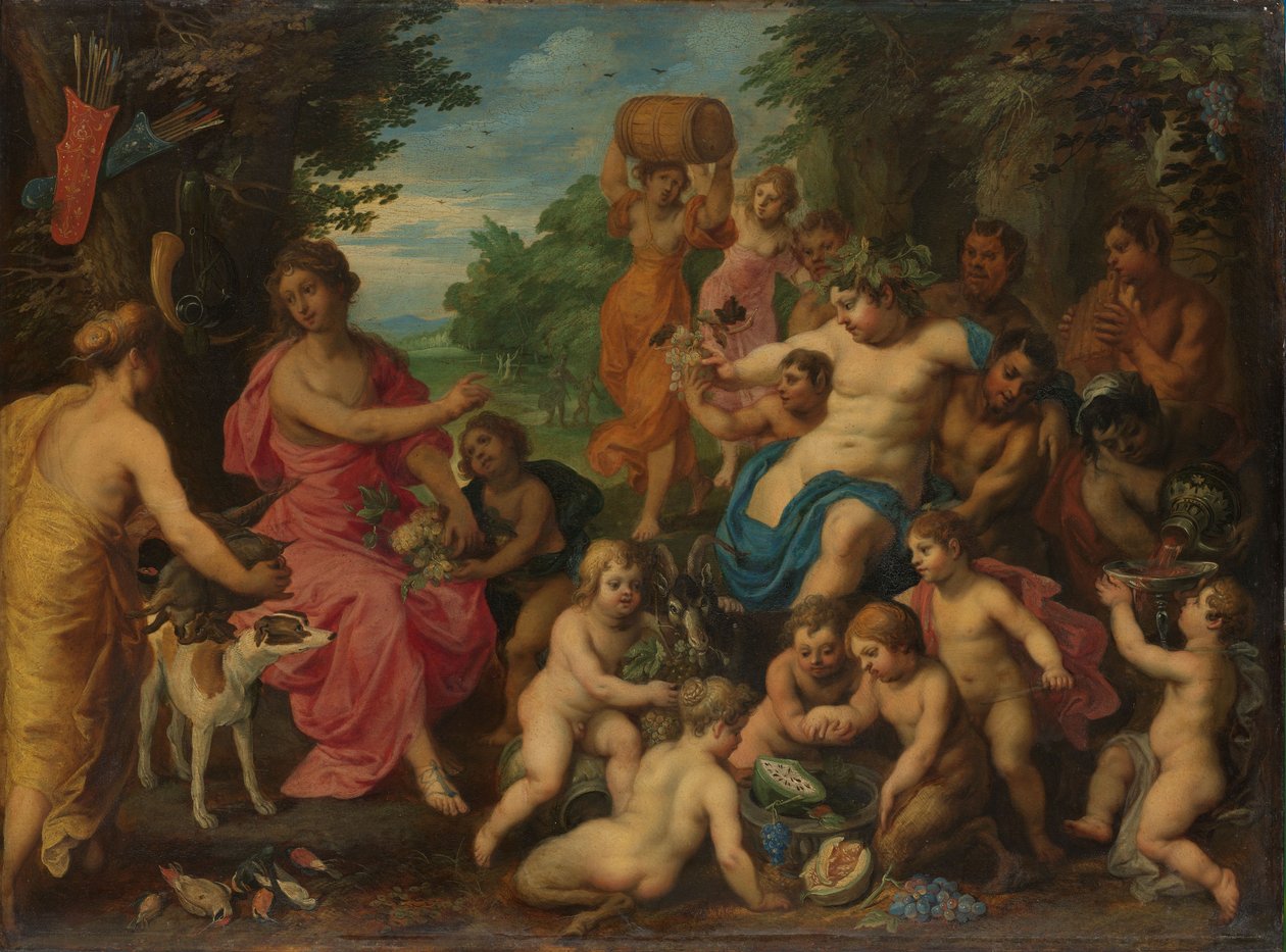 Diana wird von Bacchus und seinem Gefolge Wein und Obst angeboten von Hendrik van the Elder Balen