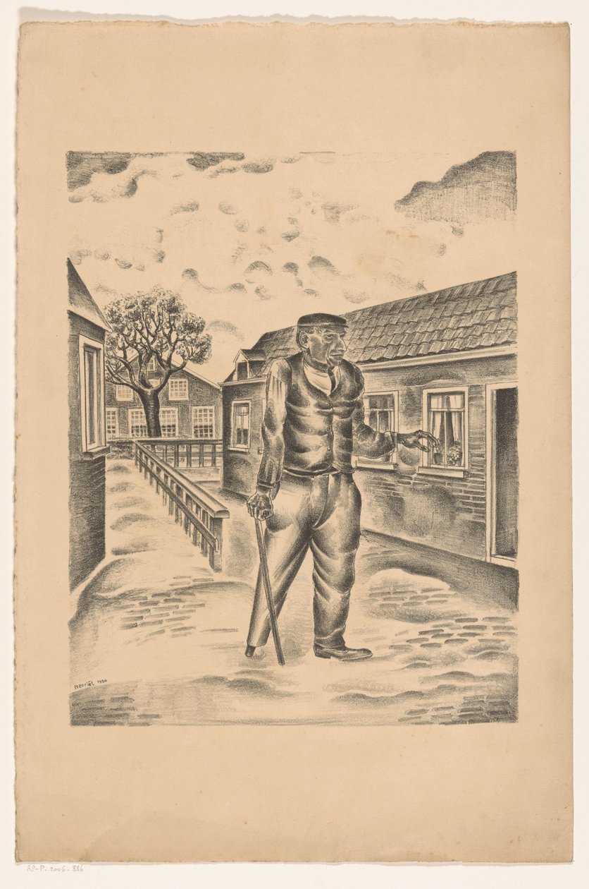 Homme avec une jambe de bois et un bâton dans une rue de village - Henk Henriët
