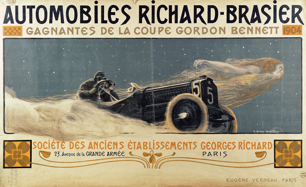 Affiche montrant les Automobiles Richard-Brasier gagnant la Coupe Gordon Bennett, 1904 - Henri Jules Ferdinand Bellery Defonaines