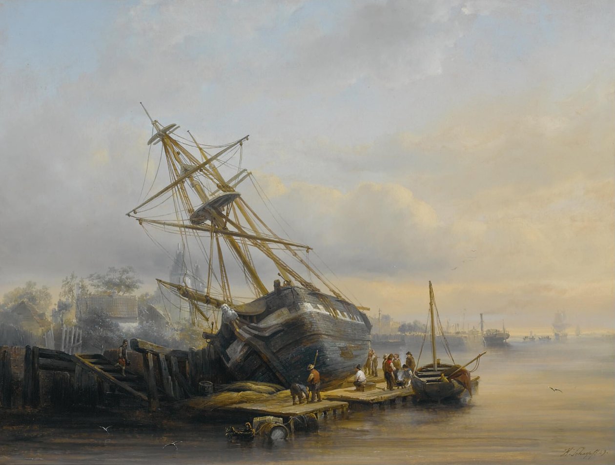 Réparations sur le chantier naval

Autre(s) titre(s) :  

Figures au travail dans un port - Henri Adolphe Schaep