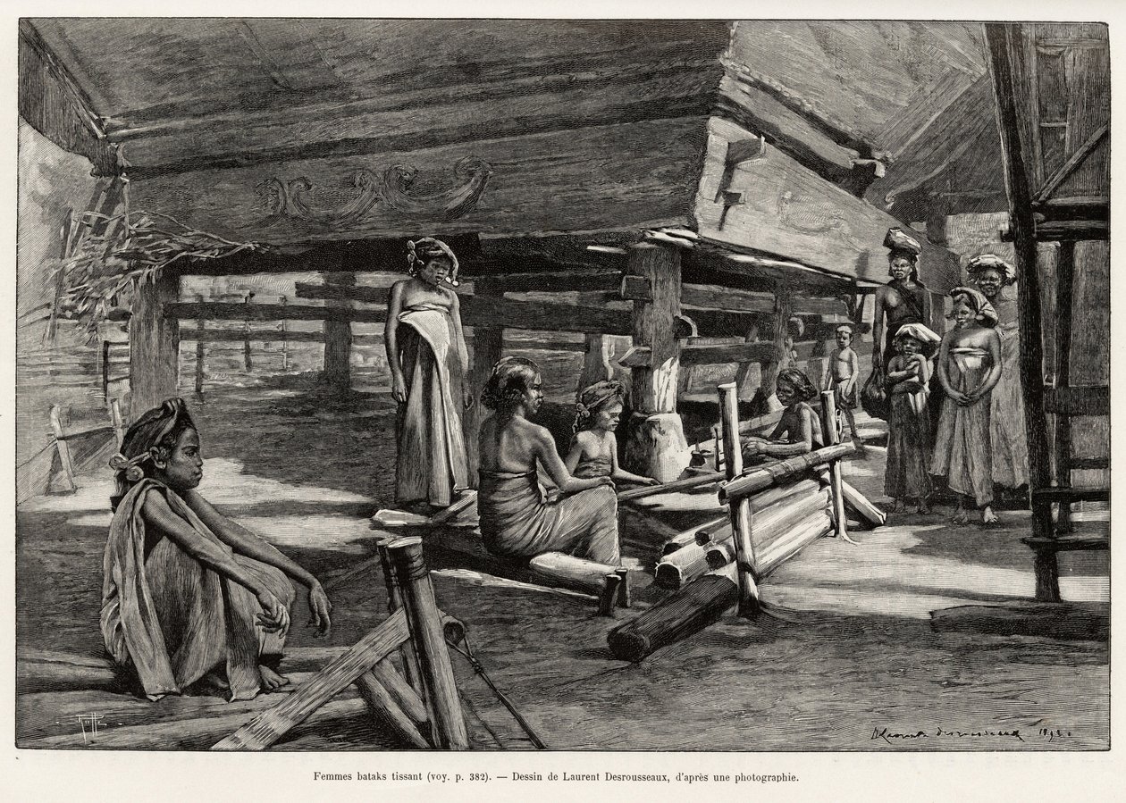 Femmes Batak, groupe ethnique de Sumatra Nord, tissant. Gravure par Laurent Desrousseaux pour illustrer l