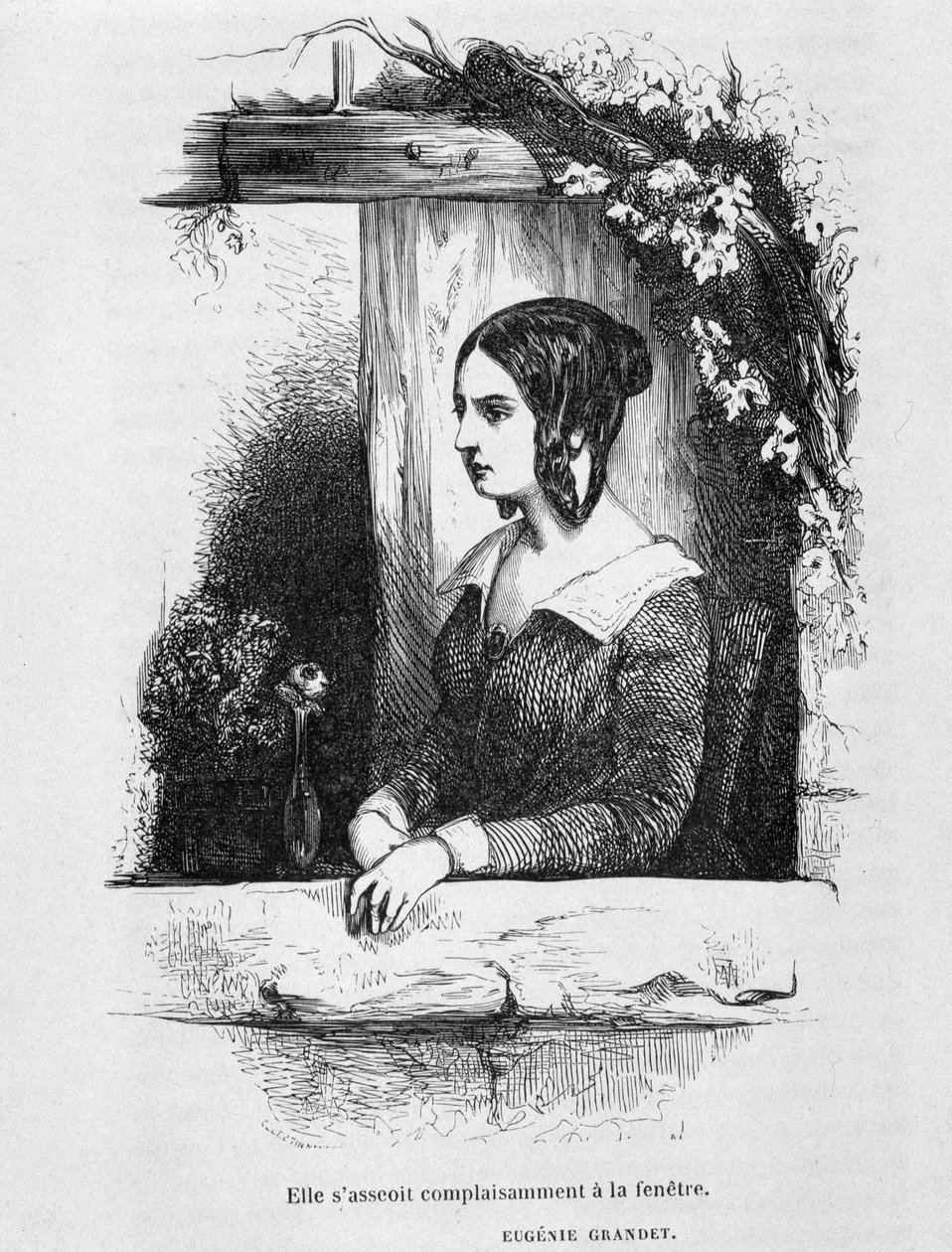 Eugénie Grandet à sa fenêtre - dans "Eugénie Grandet" de Balzac, ill. Henri Monnier, édition originale de 1843 - Henri Bonaventure Monnier