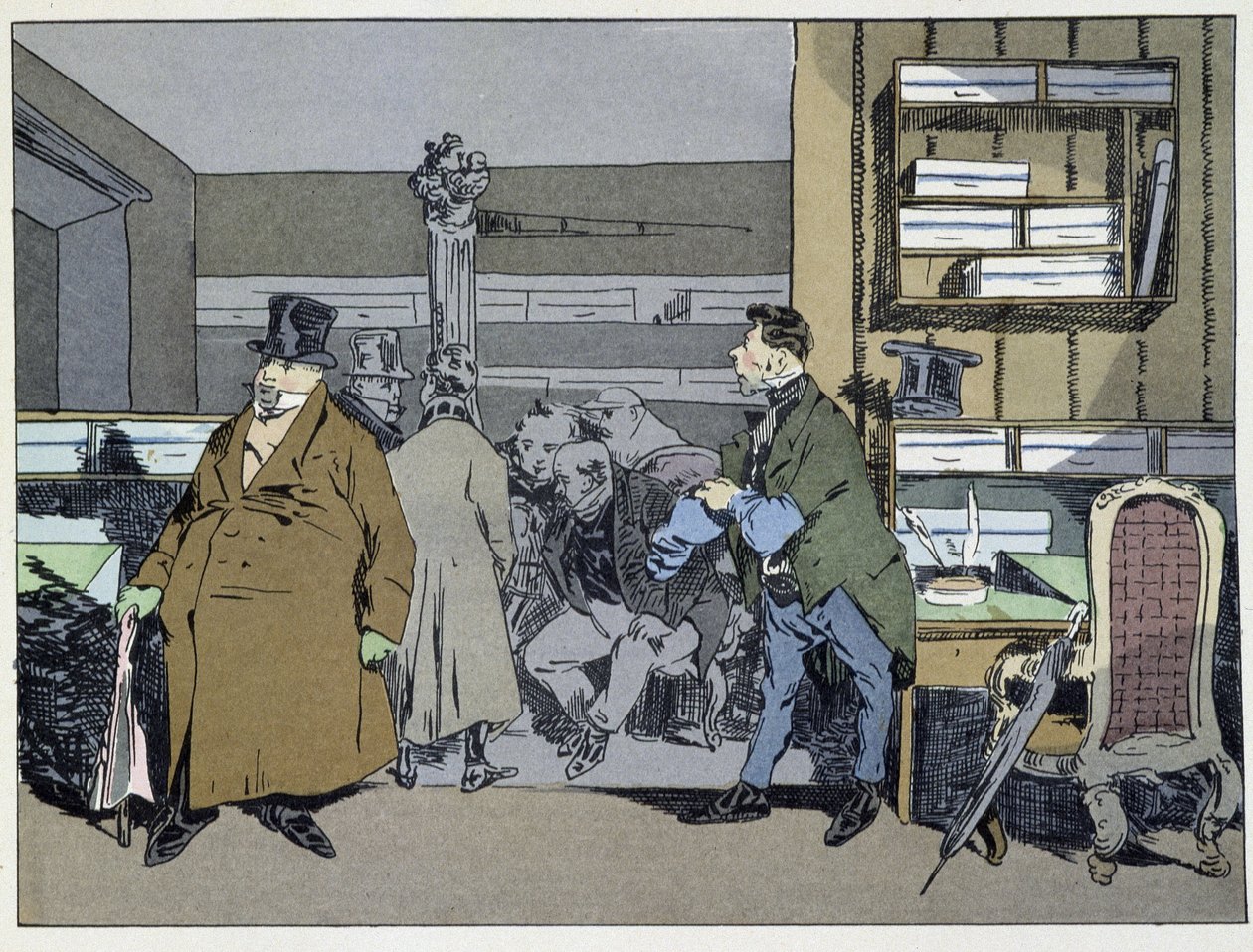 Neuf heures : arrivée des employés, changement de costumes, petit tour de poêle - dans « Mœurs administratives » par Henri Monnier - Henri Bonaventure Monnier