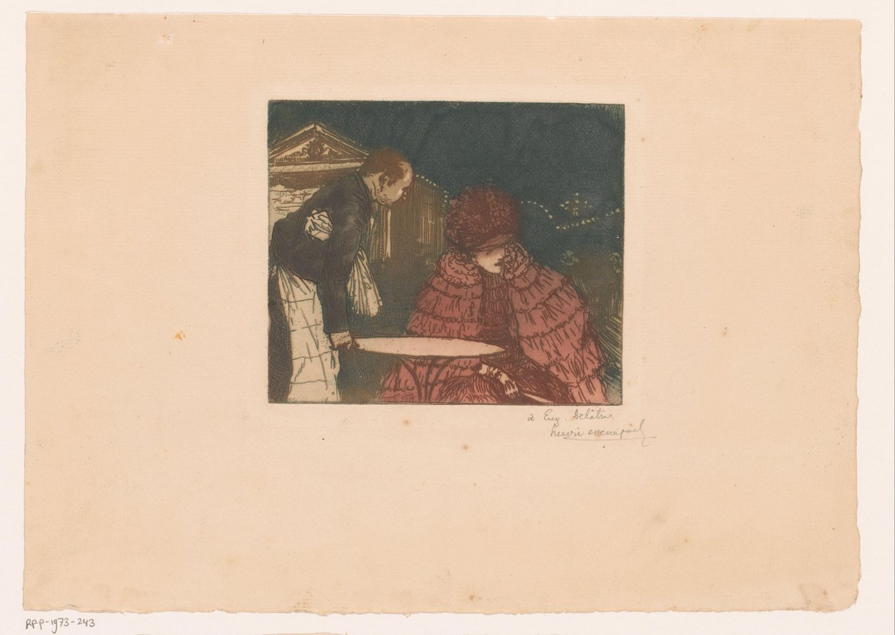 Femme sur une terrasse avec serveur - Henri Evenepoel (signed by artist)