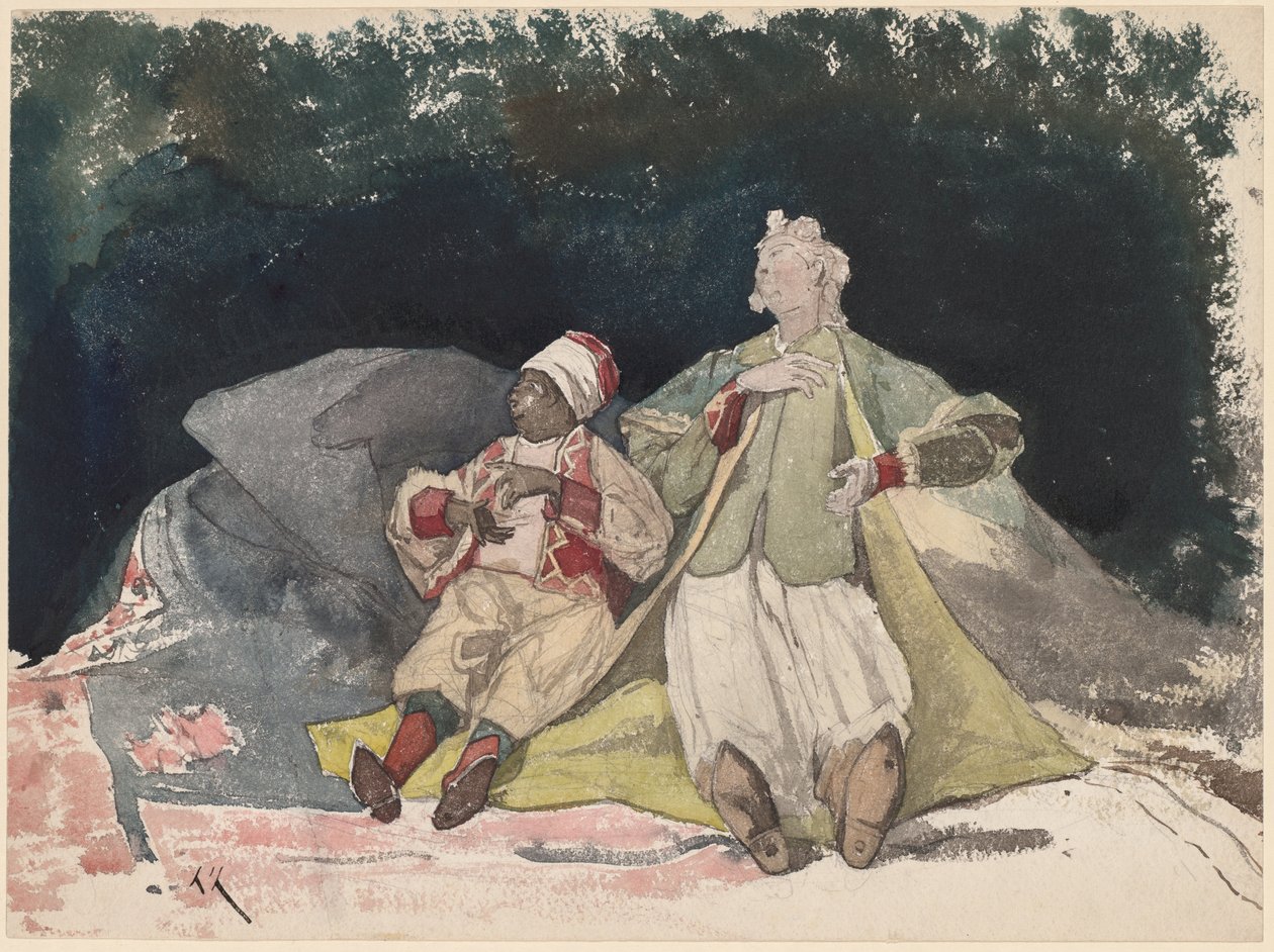 Deux poupées assises sur des coussins - Henri Joseph Harpignies