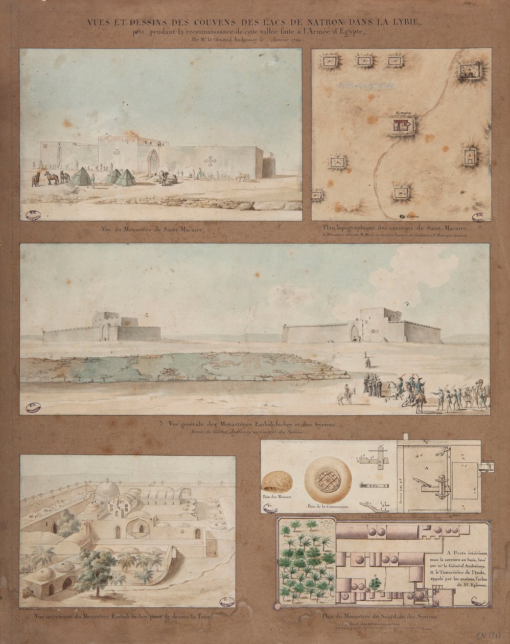 Six vues et dessins du lac Natron en Libye, réalisés lors de la mission de reconnaissance de l