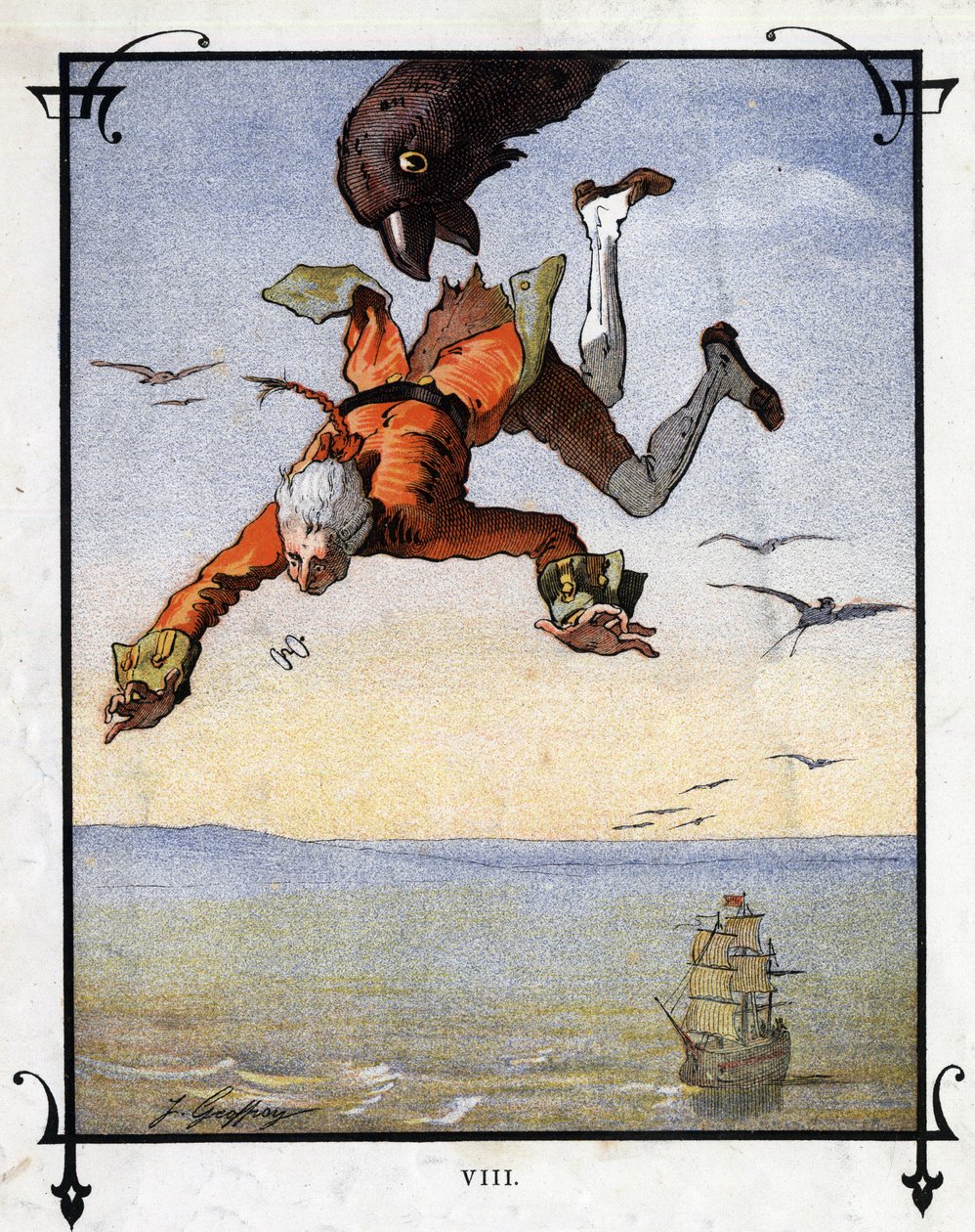 Lemuel Gulliver est emporté par un aigle. Illustration pour « Les Voyages de Gulliver » par Jonathan Swift - Henri Jules Jean Geoffroy