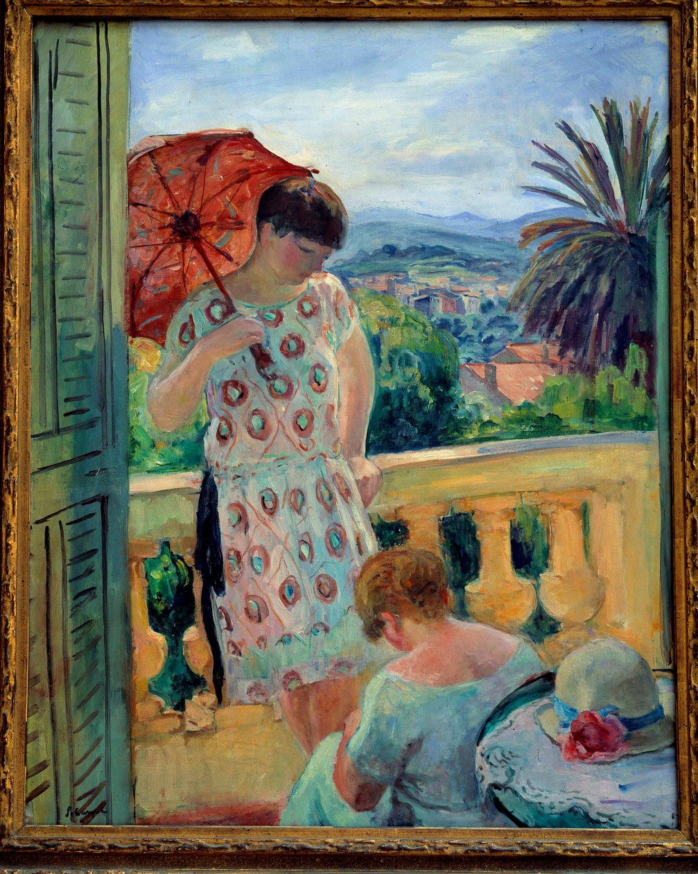 Deux femmes sur un balcon, vue sur l
