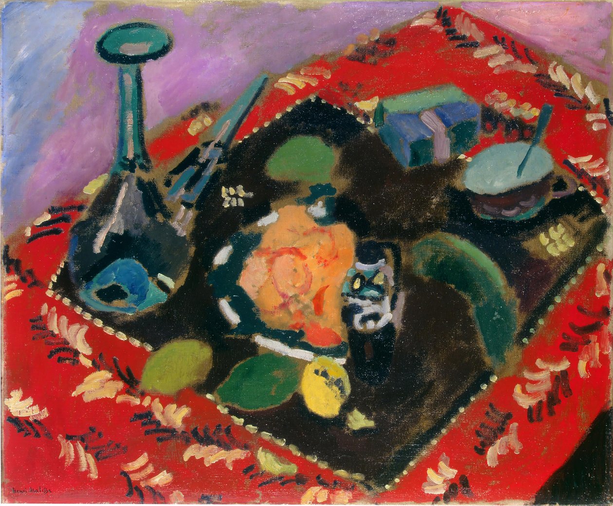 Plats et fruits sur un tapis rouge et noir (Le Tapis Rouge) - Henri Matisse