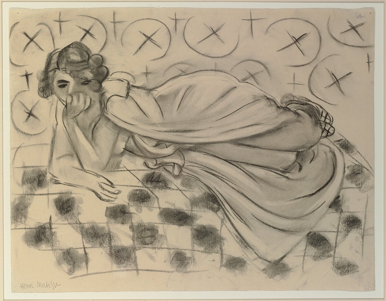 Personnage drapé allongé sur un canapé noir à carreaux - Henri Matisse