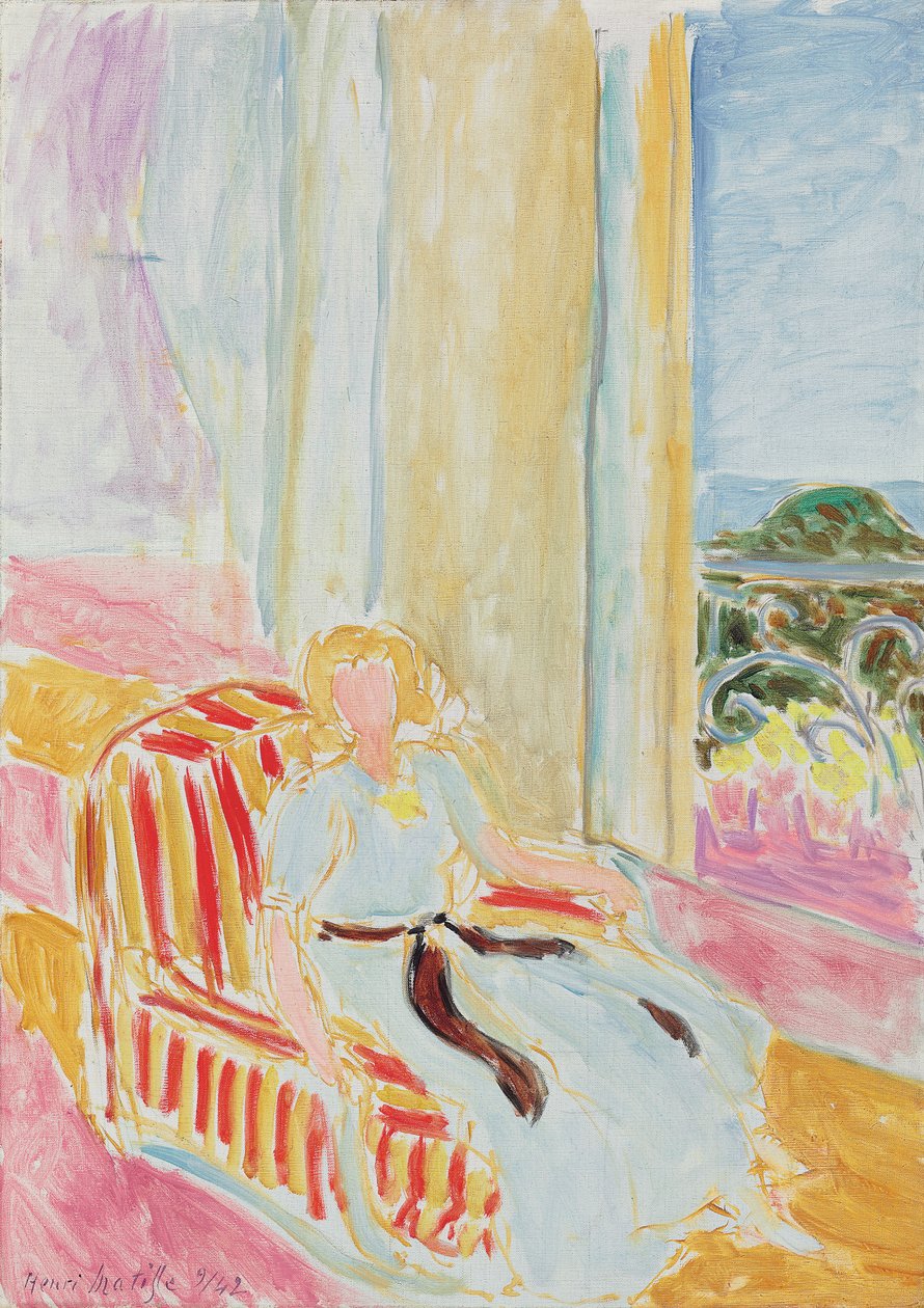 Fille en robe blanche, assise près de la fenêtre - Henri Matisse