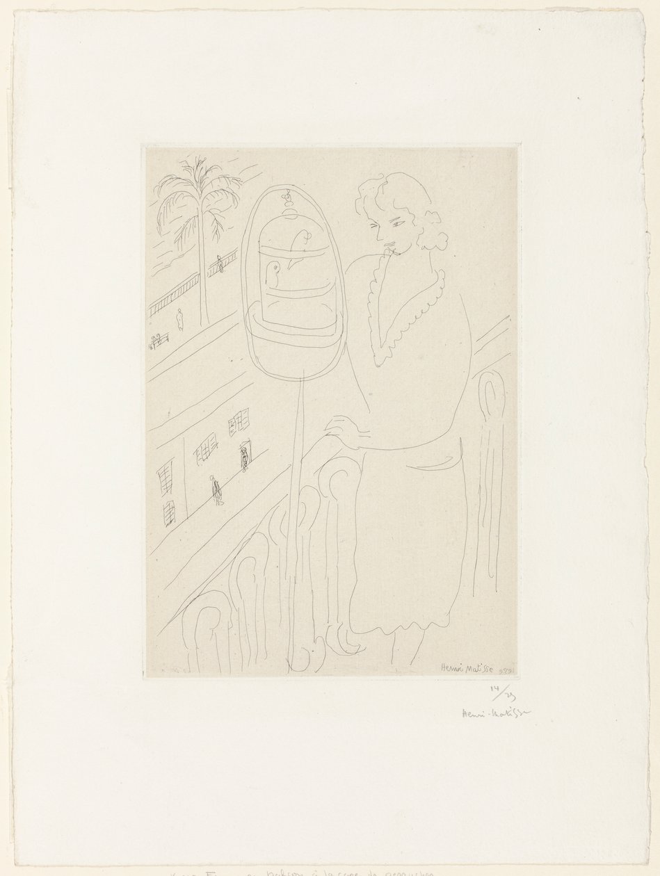Jeune femme sur un balcon regardant des perruches - Henri Matisse