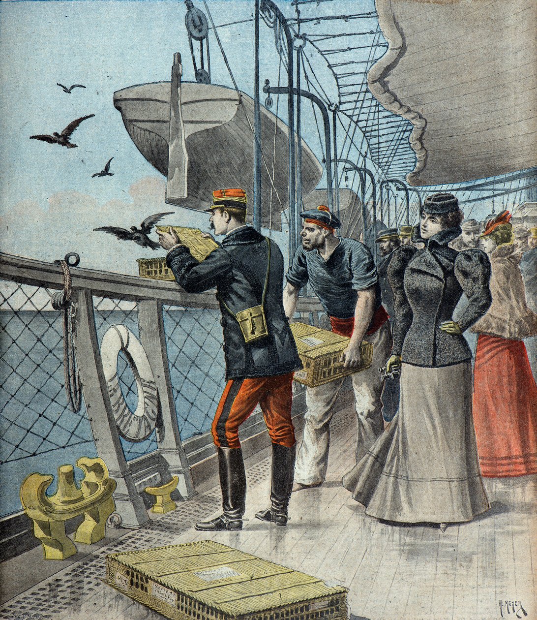 Le capitaine Reynaud expérimente les pigeons voyageurs à bord du paquebot La Bretagne - Henri Meyer