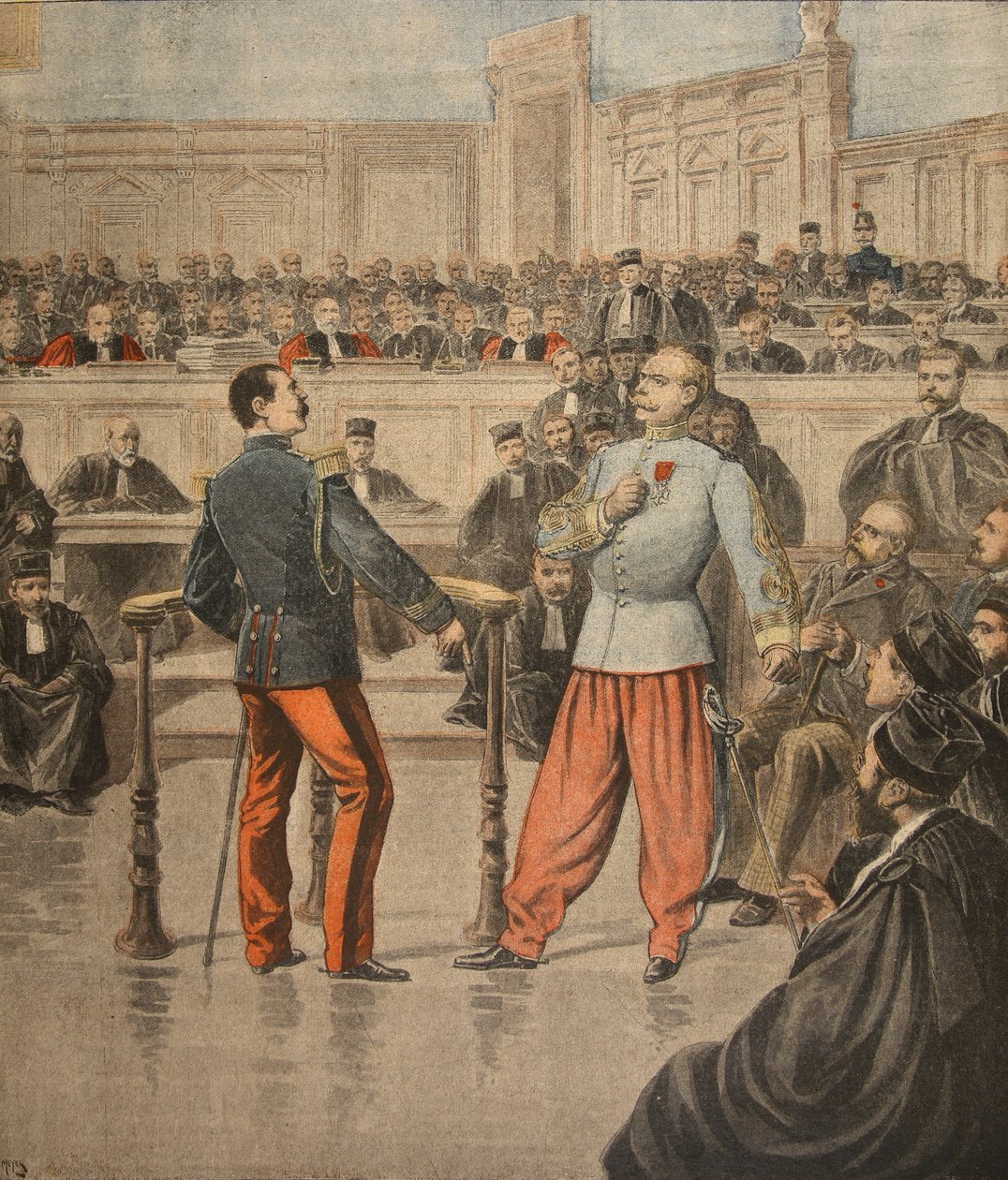 Le colonel Henry et le lieutenant-colonel Picquart parlant devant la Cour d