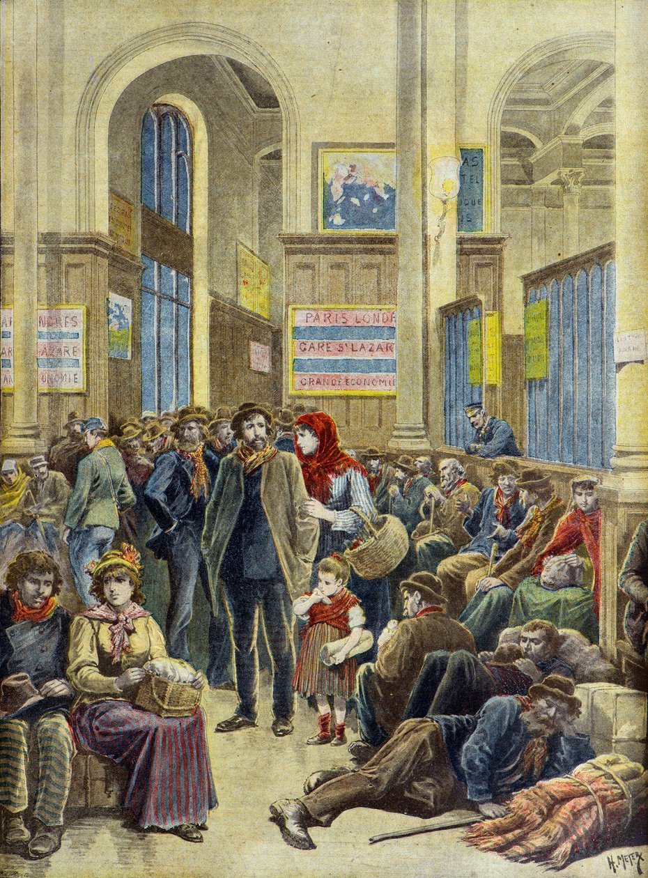 Émigrants italiens à la gare Saint-Lazare à Paris en 1896 (Gravure) - Henri Meyer