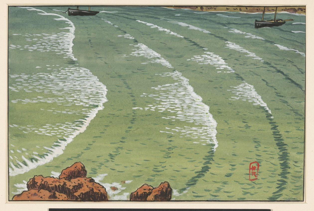 La mer, dans une baie, avec des bateaux au large de la côte rocheuse - Henri Rivière