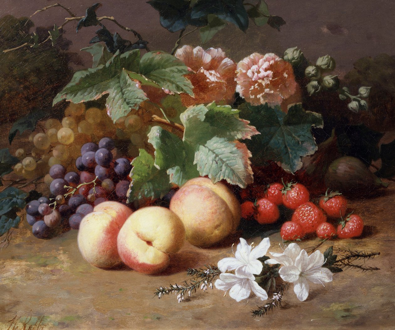 Nature morte de fleurs et de fruits. Peinture de Henri Robbe (1807-1899) Collection privee. - Henri Robbe
