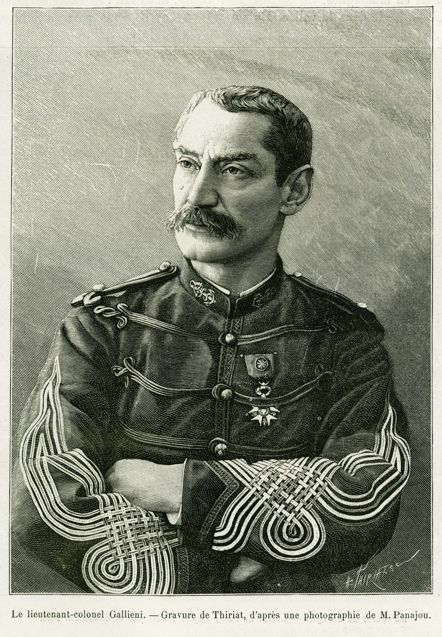 Lieutenant-Colonel Joseph Gallieni (1849-1916). Gravure de Thiriat, pour illustrer le récit Deux campagnes au Soudan français - Henri Thiriat