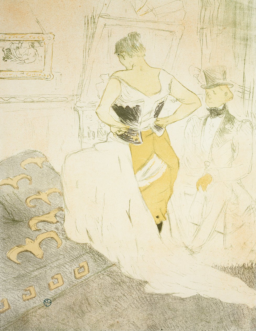Femme attachant un corset, Conquête passagère, planche neuf de Elles - Henri de Toulouse-Lautrec
