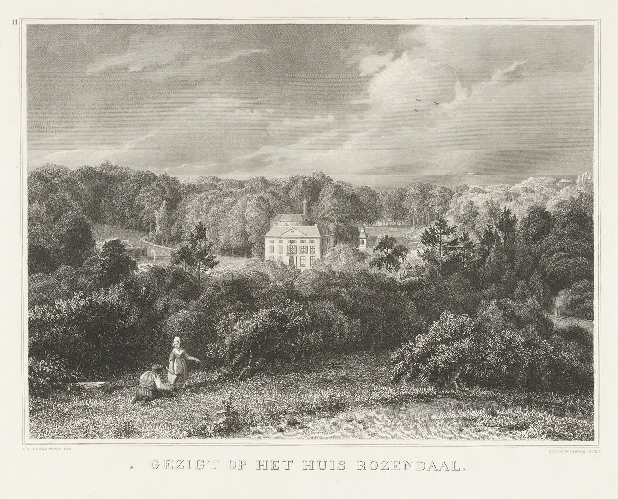 Vue sur le domaine et château Rosendael (Tafereelen uit de omstreken der stad Arnhem) - Henricus Wilhelmus Couwenberg