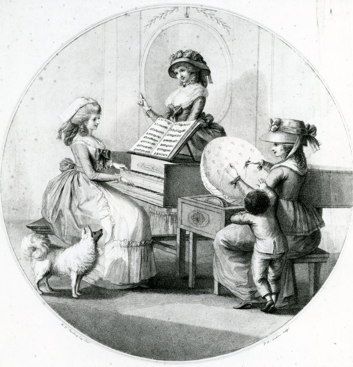 Occupations matinales, trois jeunes filles avec épinette et broderie - Henry William Bunbury