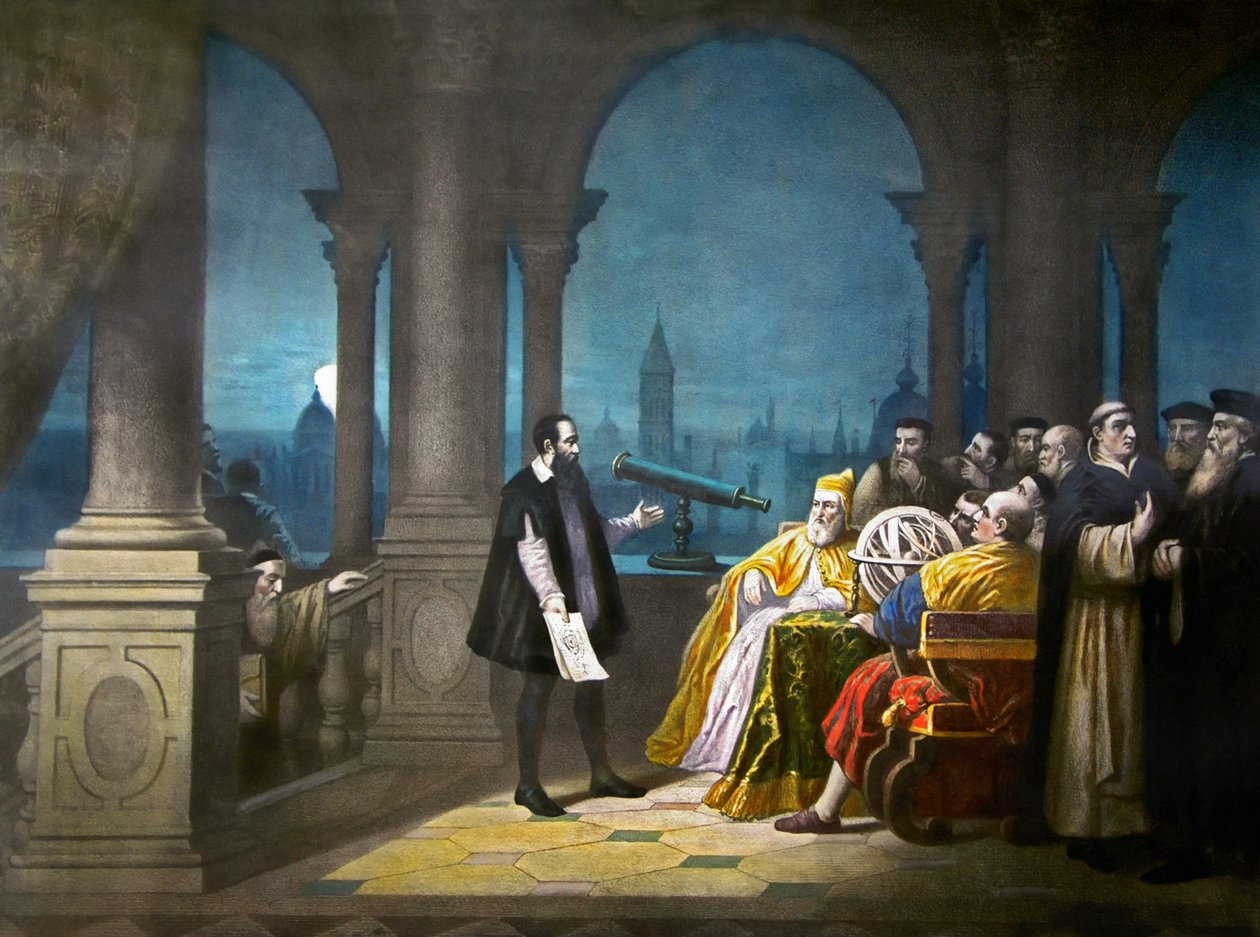 Galileo Galilei faisant la démonstration de son télescope à Leonardo Donato, doge de Venise et au Sénat vénitien en 1609, vers 1900 (lithographie) - Henry (after) Detouche