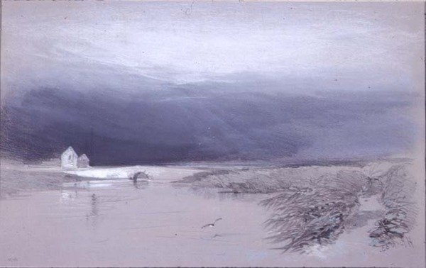 Paysage avec rivière et pont : la pluie arrive - Henry Bright