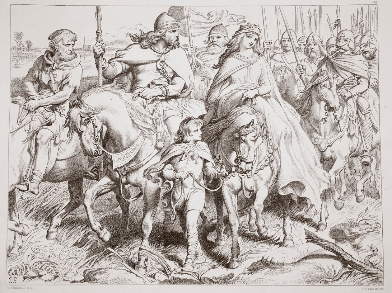 Hereward protège Alftruda vers un lieu sûr, illustration de Hereward the Great par Charles Kingsley, pub. 1870, gravée par C.G. Lewis - Henry Courtney Selous