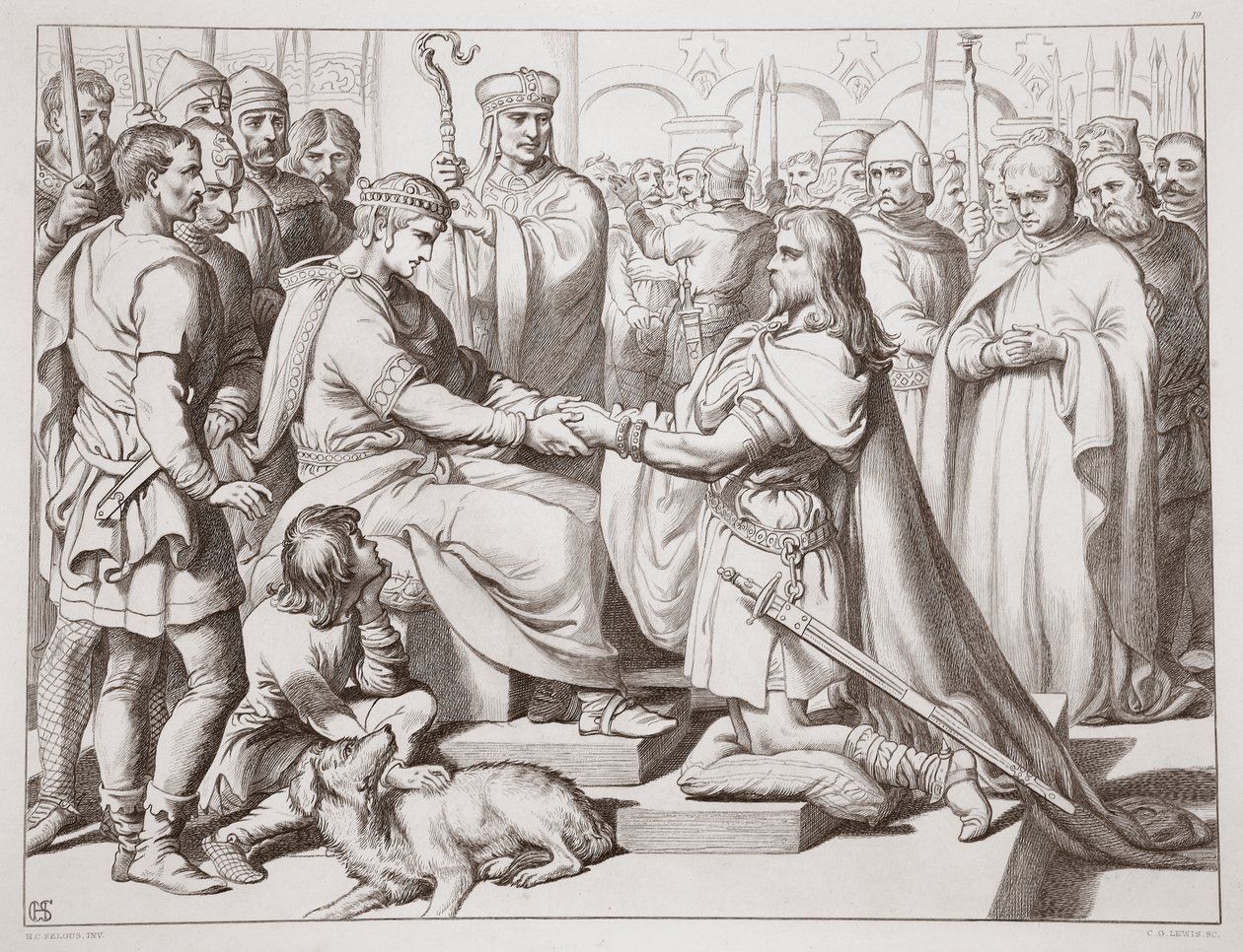 Comment Hereward est venu chez le roi, illustration de Hereward the Great par Charles Kingsley, pub. 1870, gravé par C.G. Lewis - Henry Courtney Selous
