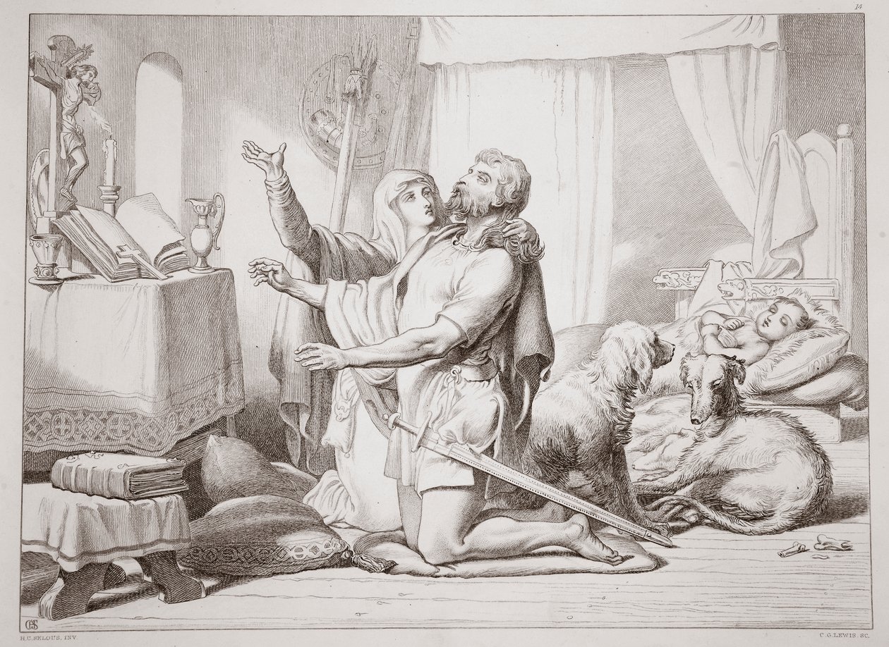 Comment Torfrida apprend à Hereward à prier, illustration de Hereward the Great par Charles Kingsley, gravée par C.G. Lewis - Henry Courtney Selous