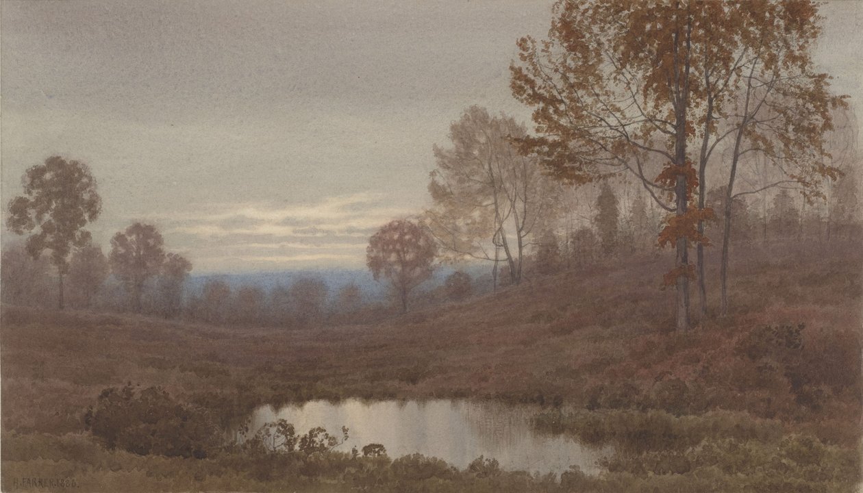 Paysage au coucher du soleil avec étang - Henry Farrer